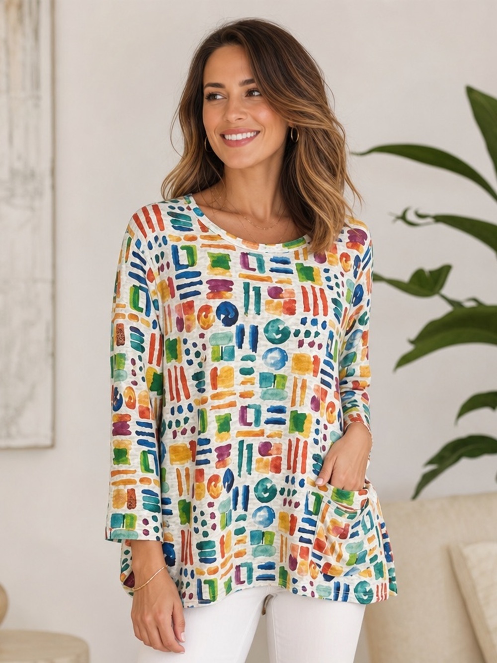 Ali Miles Tunic Top Geometric Artsy 3/4 Sleeve Abstract Wearable Art Button Sz M